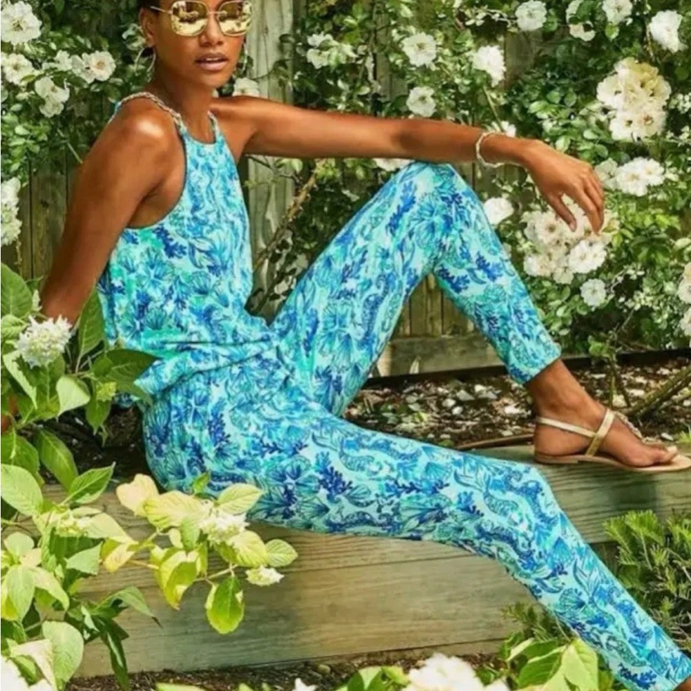 Lilly Pulitzer Keeran Jumpsuit Seeing Double Sea Glass Aqua Small